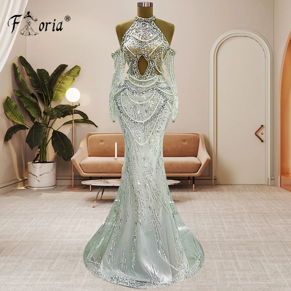 Elegant Pearls Beaded Evening Dress White Mermaid Long Sleeve Floor Length See Through Off Shoulder Prom Dress Robe De Soiree