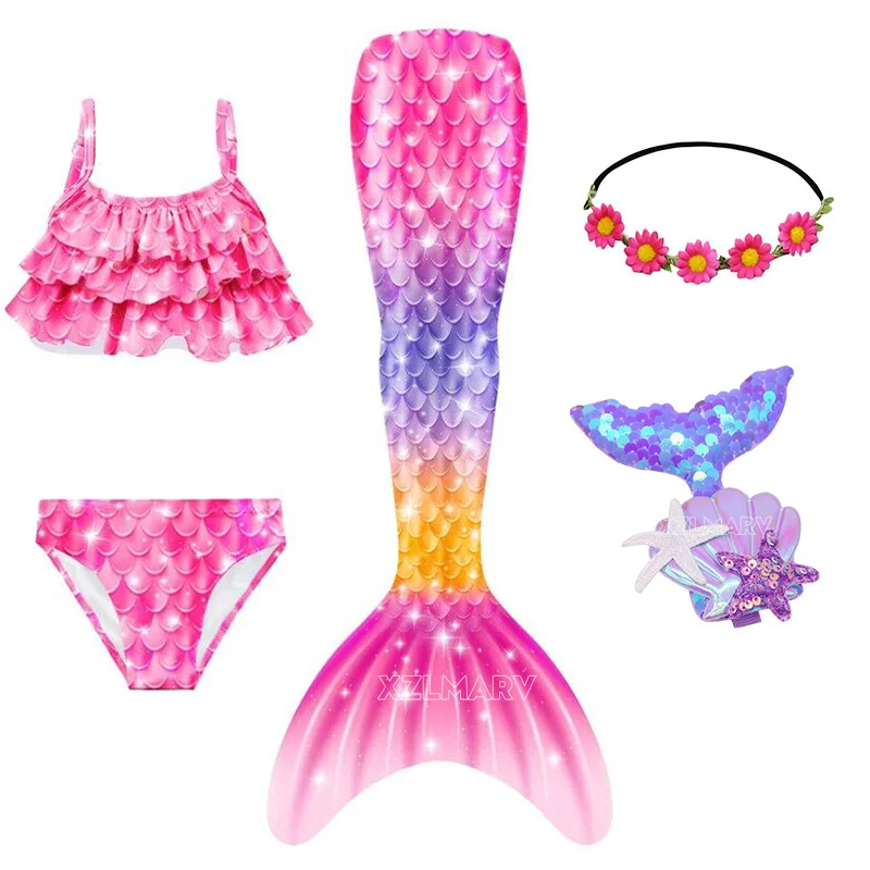 5Pcs Girls Boys Mermaid Tail Without Monofin Costume Cosplay the Little Mermaid Swimsuit Halloween Costume Beach Cloth Swimwear