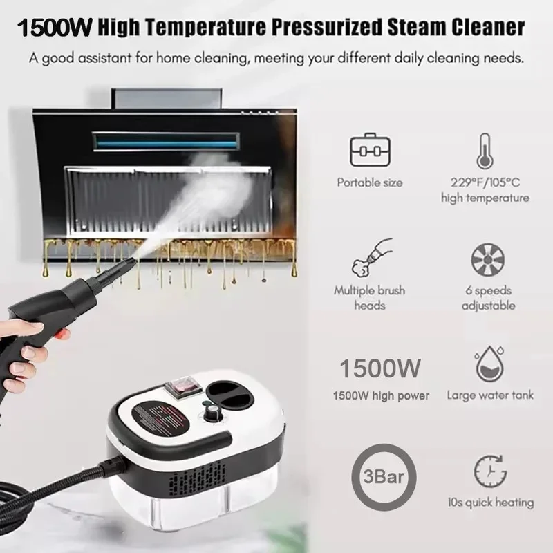 Limpiador a vapor portátil de mano, máquina de limpieza a vapor a alta temperatura y presión con cabezales de cepillo para cocina y coche