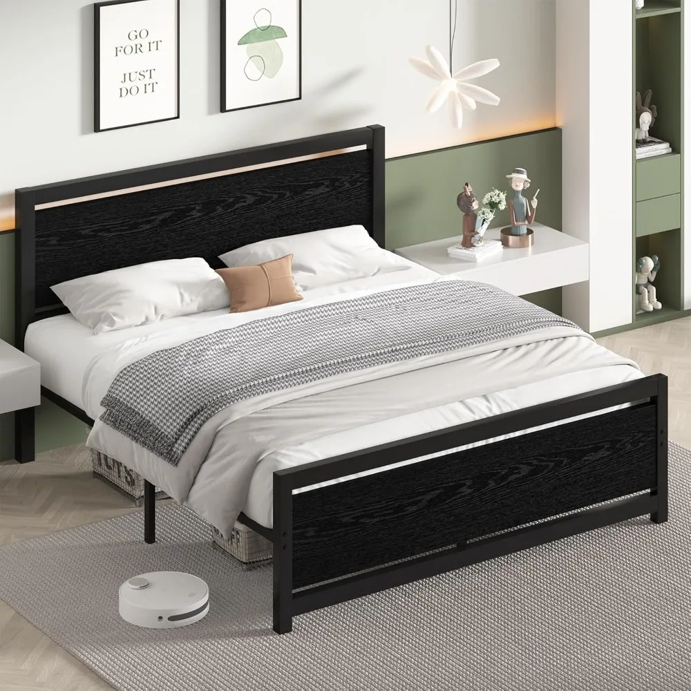 Queen bed frame with wooden headboard, queen size bed frame, metal queen size bed frame with strong steel bar support, black