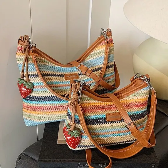 

Summer New Striped Beach Shoulder Bags Crossbody Bag Women's Faionable Commuting Basket Handbag Soft Handle