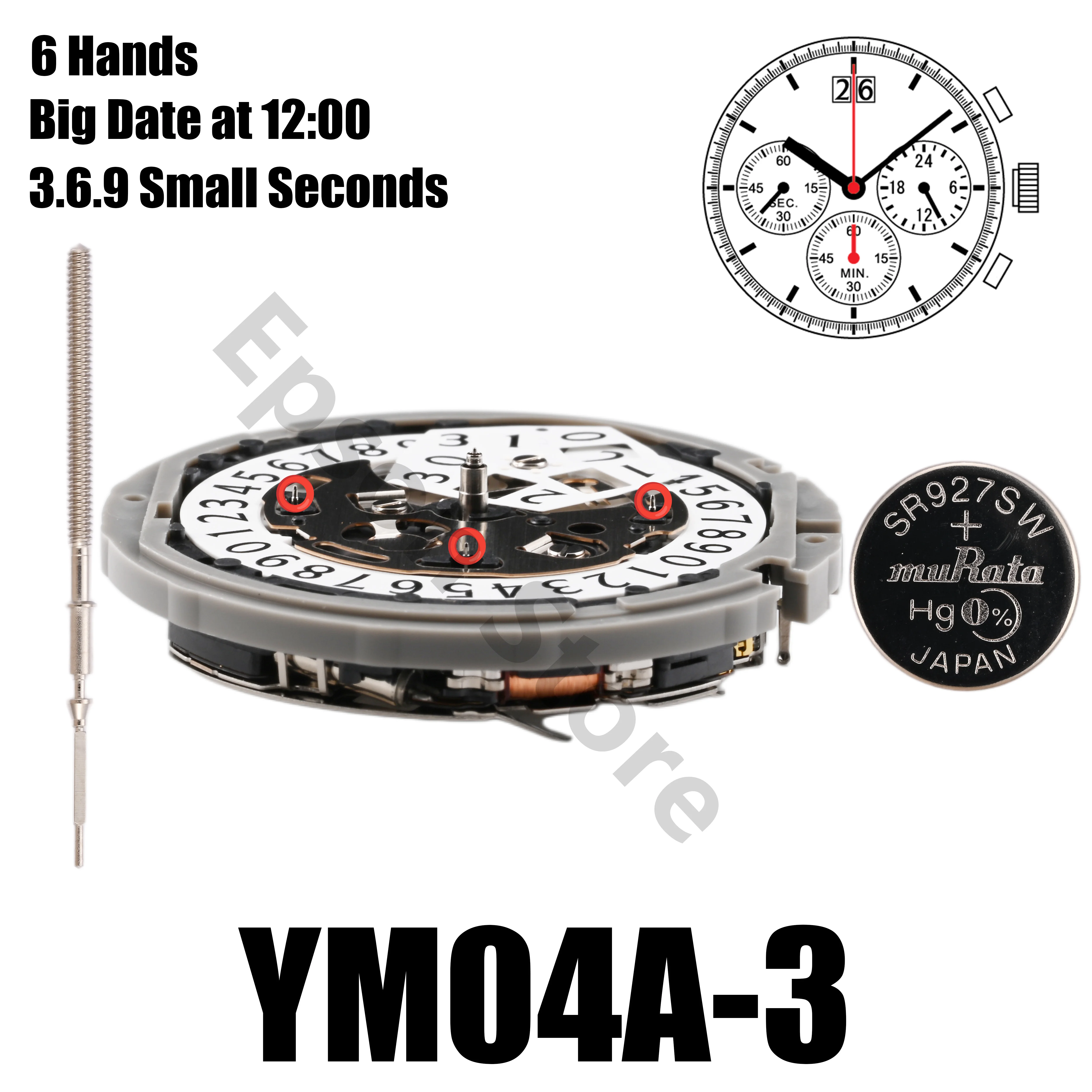 YM04 Movement YM04A Movement YM Series Quartz Movement  Size:12''' Six Hands 3.6.9 Small Seconds Big date display at 12:00