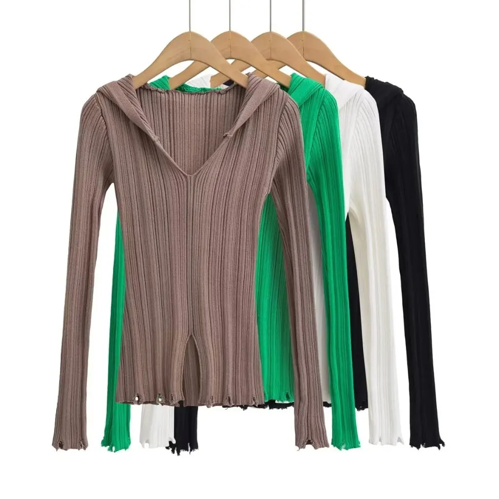 

Women's Hooded Knit Sweater Spring Spice Girls Rotten-Edge Bottoming Tight Bottom Split Solid Color Top Outer Wear
