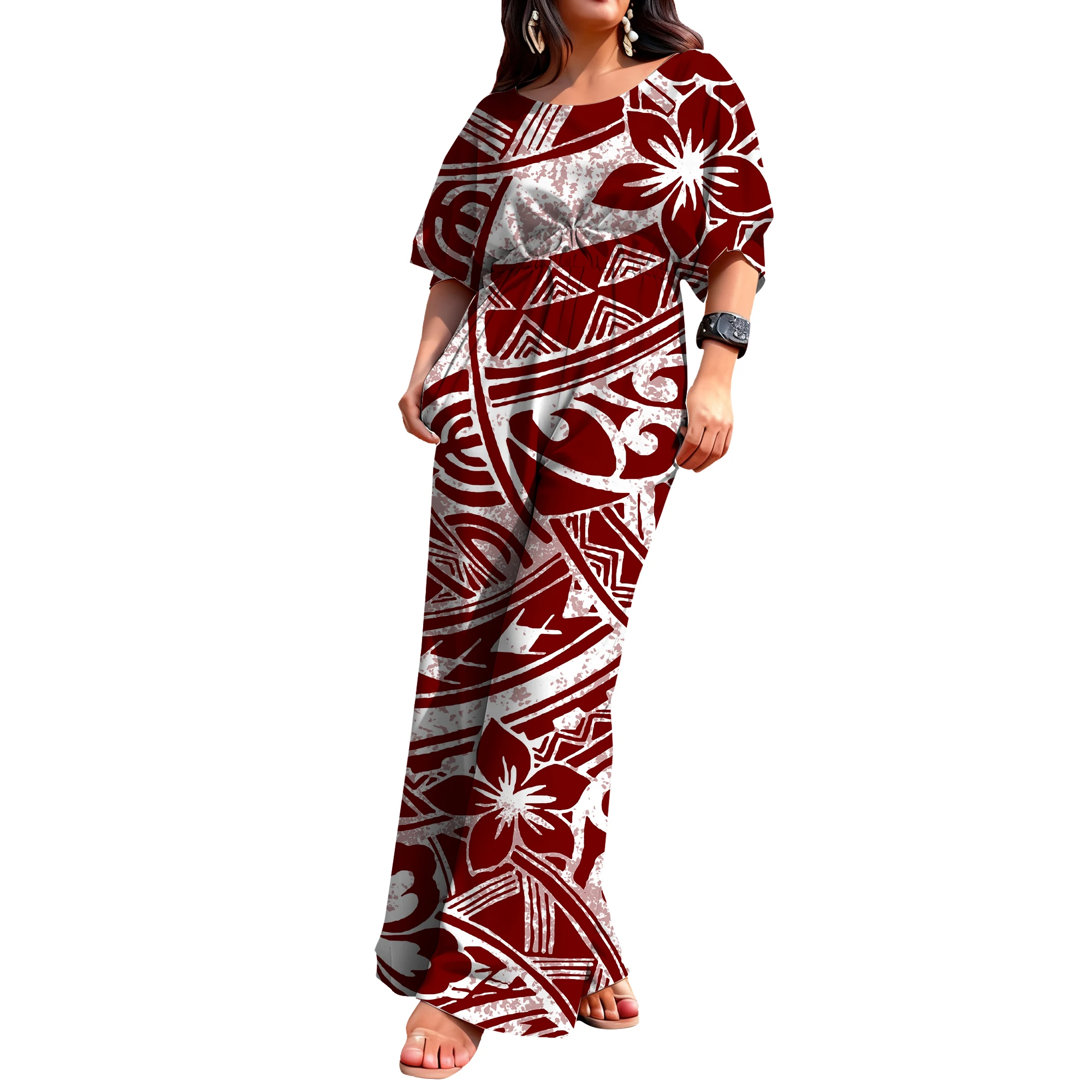 

The New Women'S Design Sense Jumpsuit Features A Round-Neck Mid-Sleeve Cinched Waist And Loose Polynesian Casual Wear