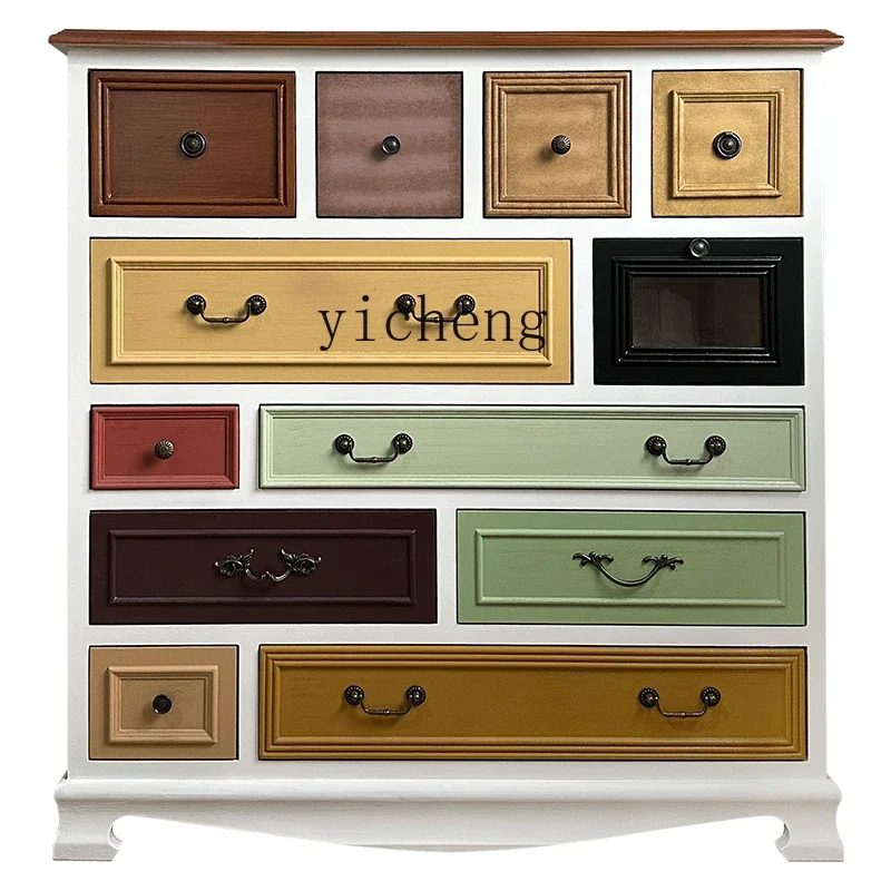 TQH solid wood bedroom storage cabinet Mediterranean drawer porch cabinet Vintage locker Painted chest of drawers