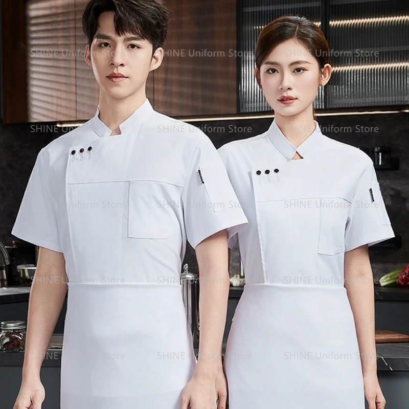 Abrigo de Chef de verano negro para hombre, chaqueta de Chef de Hotel con Logo, abrigo de cocina, delantal, uniforme de Chef de manga corta, ropa de restaurante