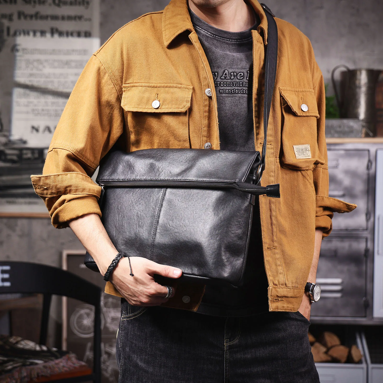 Echte Leder-Umhängetasche für Herren, Crossbody-Laptoptasche, einfache Rindsleder-Tasche aus pflanzlich gegerbtem Leder, modisch und lässig – Detail 5