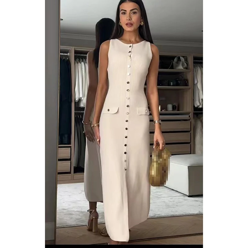 

2025 Summer New European and American Style Sleeveless Round Neck Slim Knitted Dress