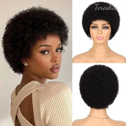 Tereshar Krótka Afro Kręcone Ludzkie Włosy Peruka dla Czarnych Kobiet Peruki Afro Kinky Afro 70s Afro Puff Peruka z Grzywką Peruki Wykonane Maszynowo