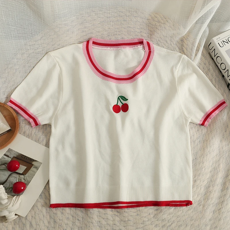 Pearl Diary Summer Contrast Color Stripe Cherry Embroider Top Women Short Round Collar Kuitting T-Shirt Thin Cute Young Girl Top