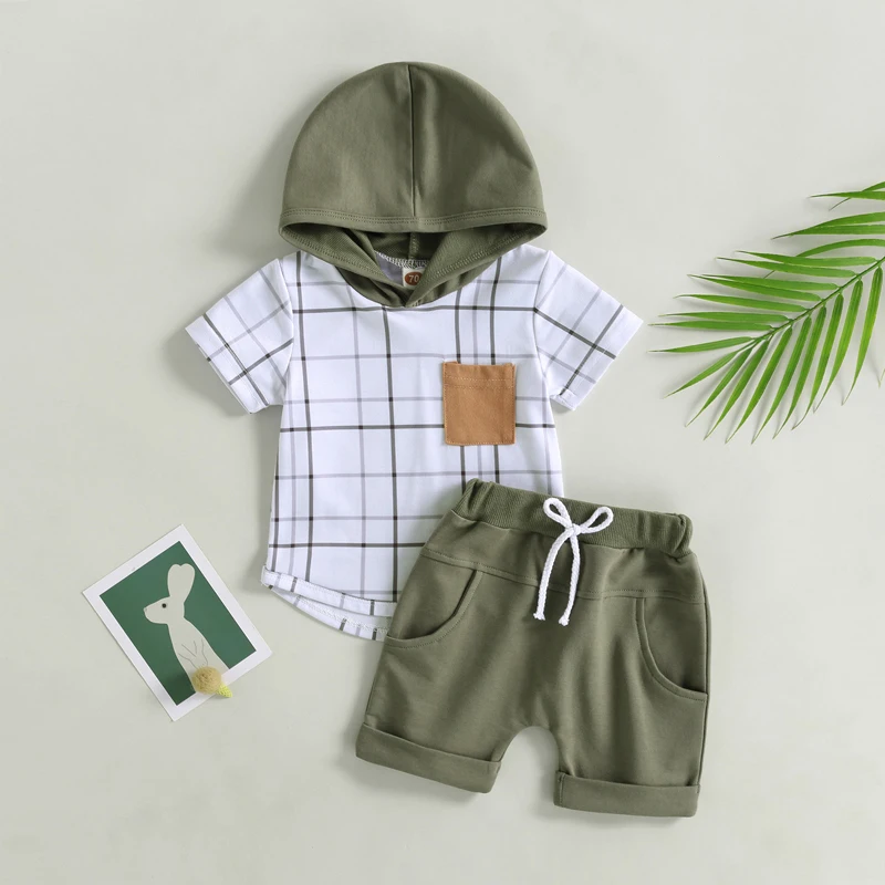

2023-03-10 Lioraitiin 0-3Years Toddler Boys 2Pcs Summer Outfits Short Sleeve Plaid Print Hoodie Tie Front Solid Shorts Set