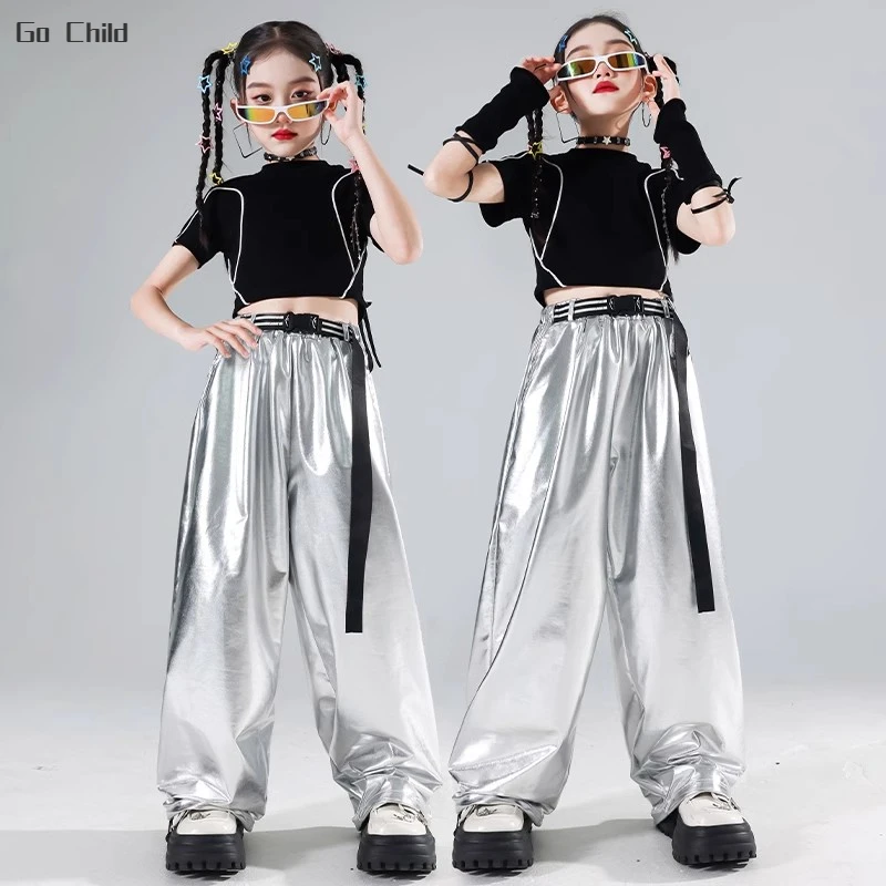 Girls Streetwear Hip Hop Crop Top Silver Cargo Pants Sequin Street Dance Skirts Children T-shirt Clothes Sets Kids Jazz Costumes