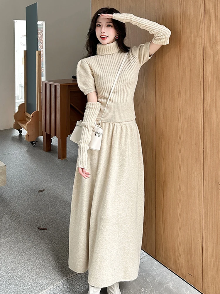 Autumn Winter Knitted Solid 2 Pieces Outfits Women Clothes Turtleneck Short Sleeve Sweater Tops Blouse And A-Line Long Skirt Set