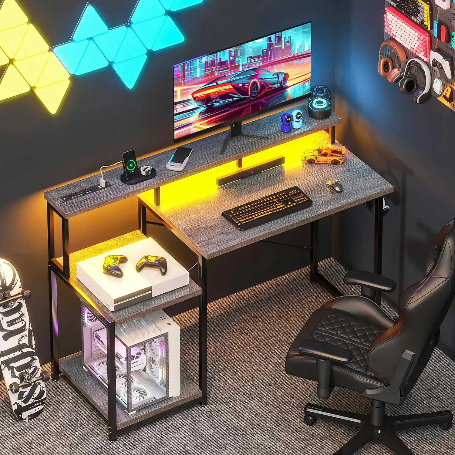 Computer Desk, 48 Inch Gaming Desk with Led Lights & Power Outlet, Office Desk with Printer Storage Shelves, Reversible Desk wit