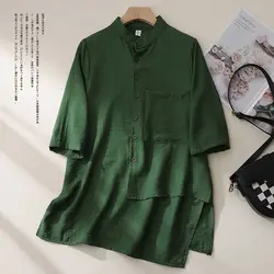 Chinese Style Cotton Linen Summer New Women's Stand Collar Button Spliced Asymmetrical Vintage Loose Three Quarter Shirt Blouse