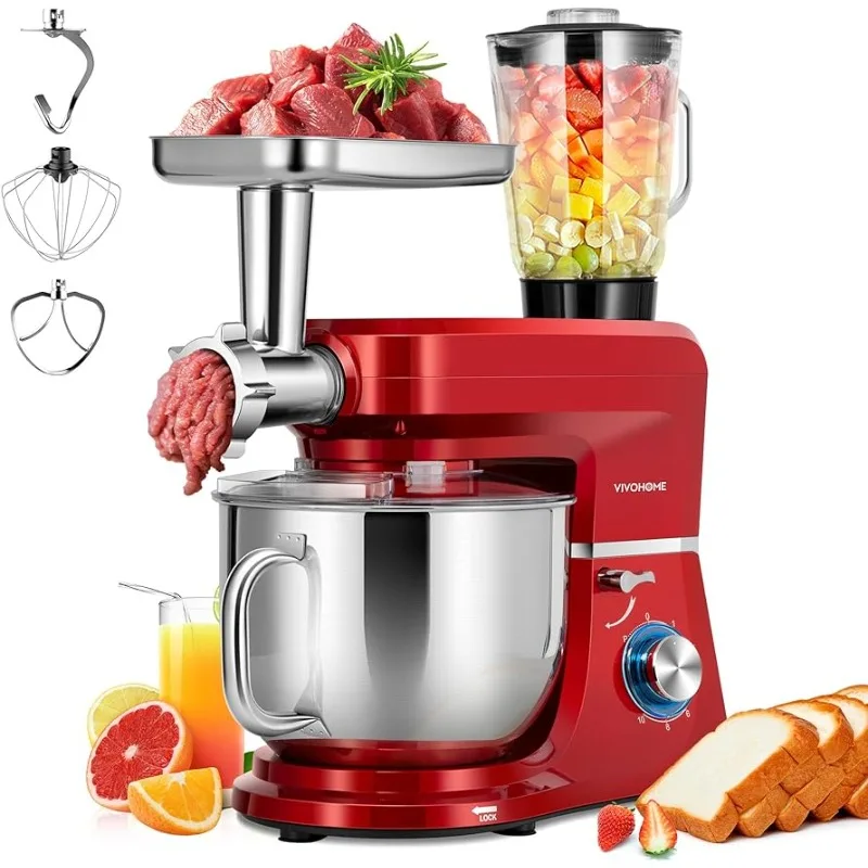 VIVOHOME Multifunctional Stand Mixer with 8.5 Quart Stainless Steel Bowl,660W 10 Speed Tilt-Head Meat Grinder,Juice Blender, Red