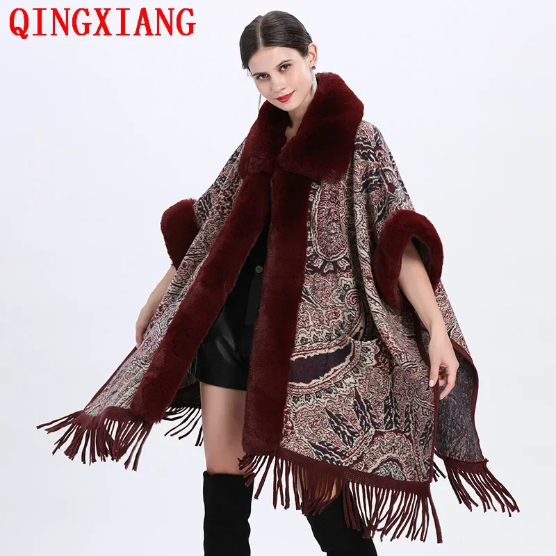 

5 Colors Women Winter Thick Loose Poncho Tassel Cape Faux Big Rabbit Fur Collar Cloak Long Woolen Printed Streetwear Coat