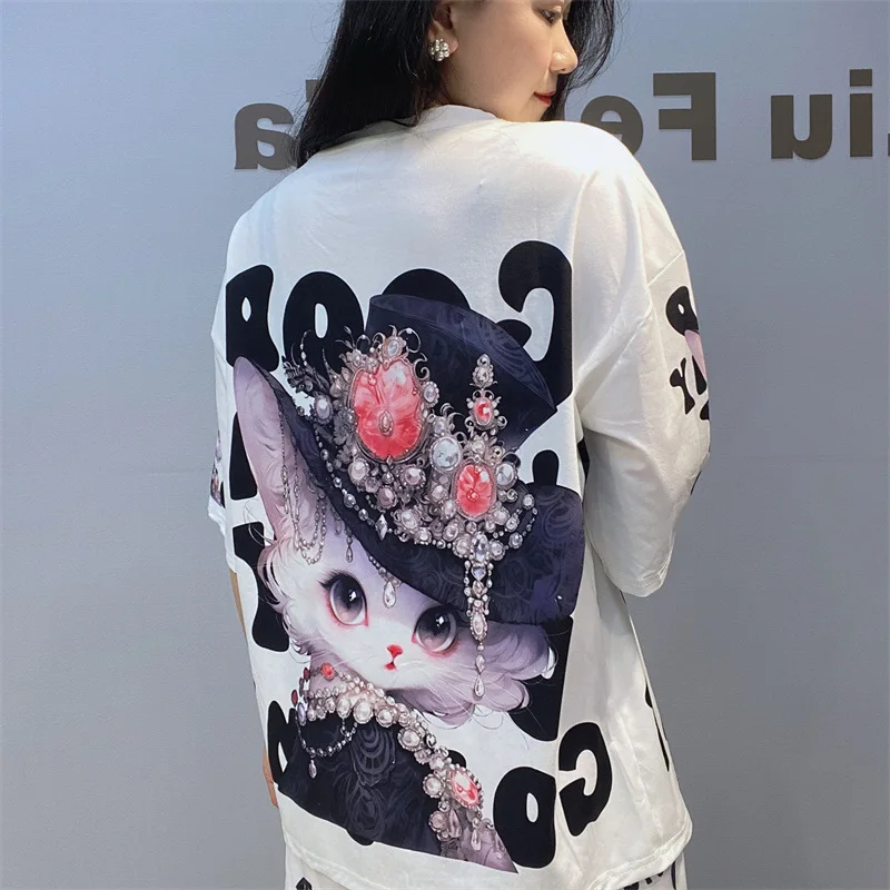 Cartoon Printed Short Sets Women Summer Clothes Loose Tracksuit Casual Knitting Diamonds Beading Two Piece Sets Womens Outifits