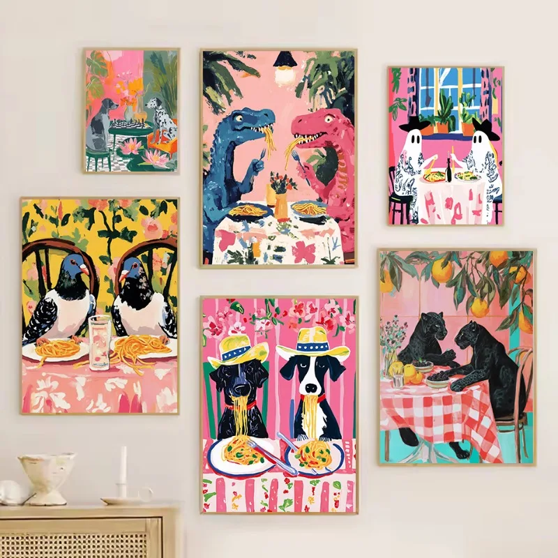 1 pieza de póster sin marco con diseño abstracto de animales divertidos, dinosaurio/perro/pantera disfrutando de la cena de espaguetis, pintura en lienzo, imágenes artísticas para pared, decoración del hogar K