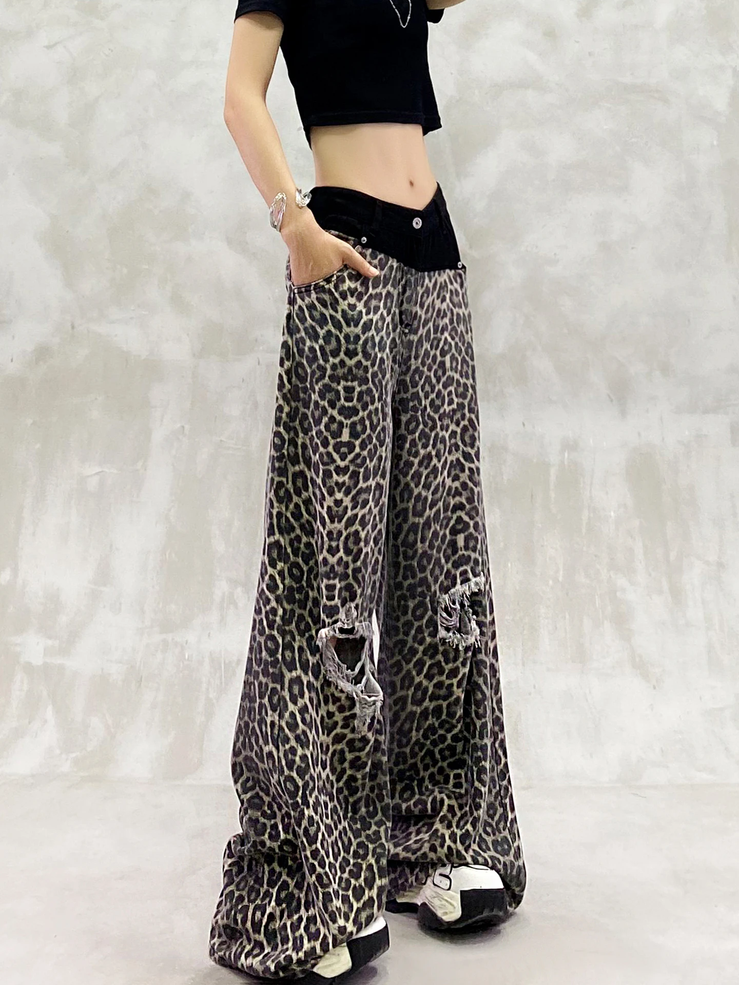 Elegant Leopard Print Splicing Sexy Personality Ripped Jeans Girl Summer New High Waist Loose Versatile Straight Wide-leg Pants