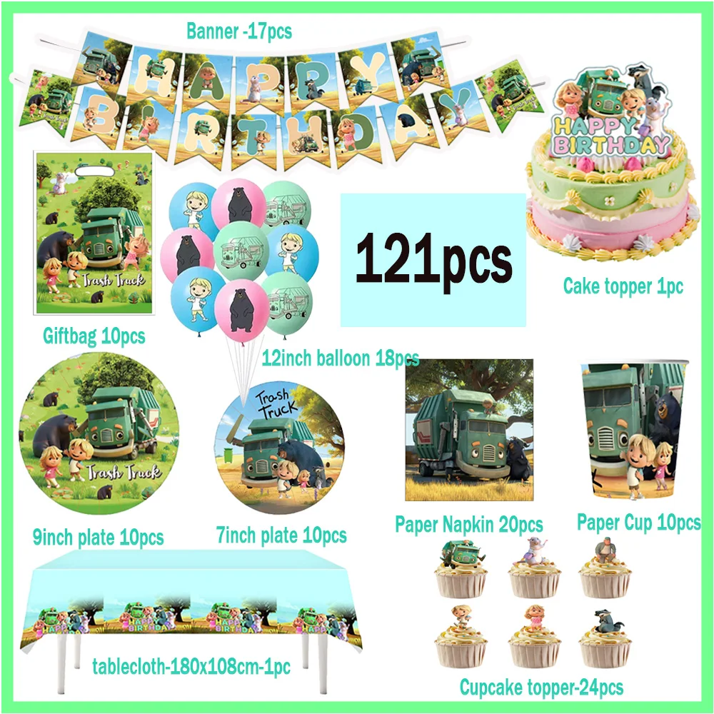 Trash Trucks Themed Party Tableware Cartoon Hank Garbage Happy Birthday Paper Plates Cups Napkins Banner Balloons for  Kids Boys view 3