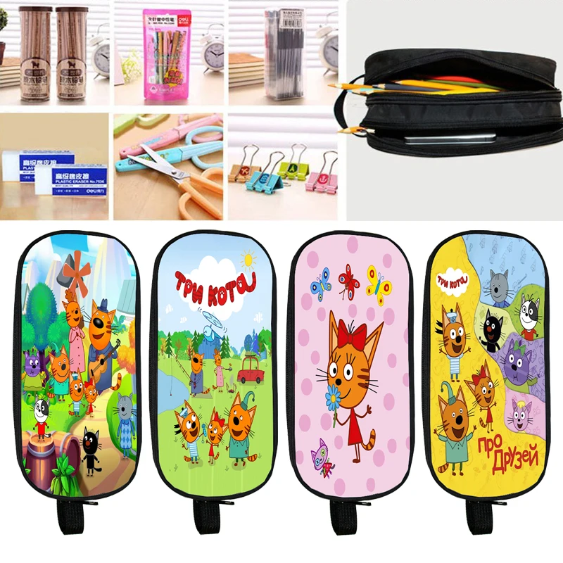 

Three Kittens Cartoon Pencil Cases E-cats Family Double Layer Classic Pen Bags Student Large Storage Office Gifts Pencilcases