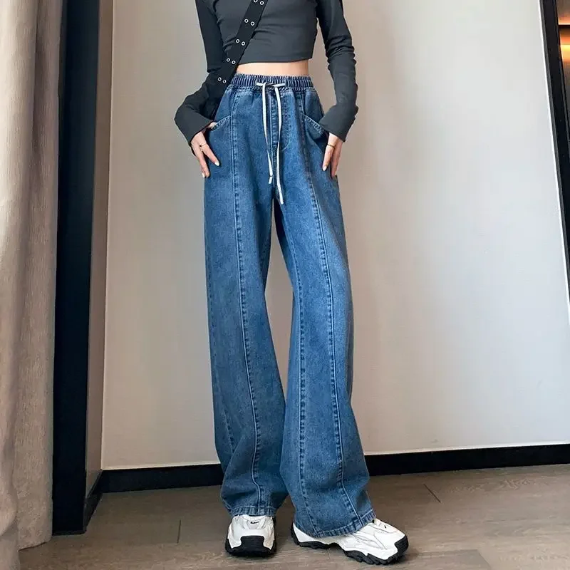 Women's Velvet Autumn Winter Straight Elastic Waist Jeans Korean Dongdaemun High Quality Clothing Pants Y2k Japanese Streetwear