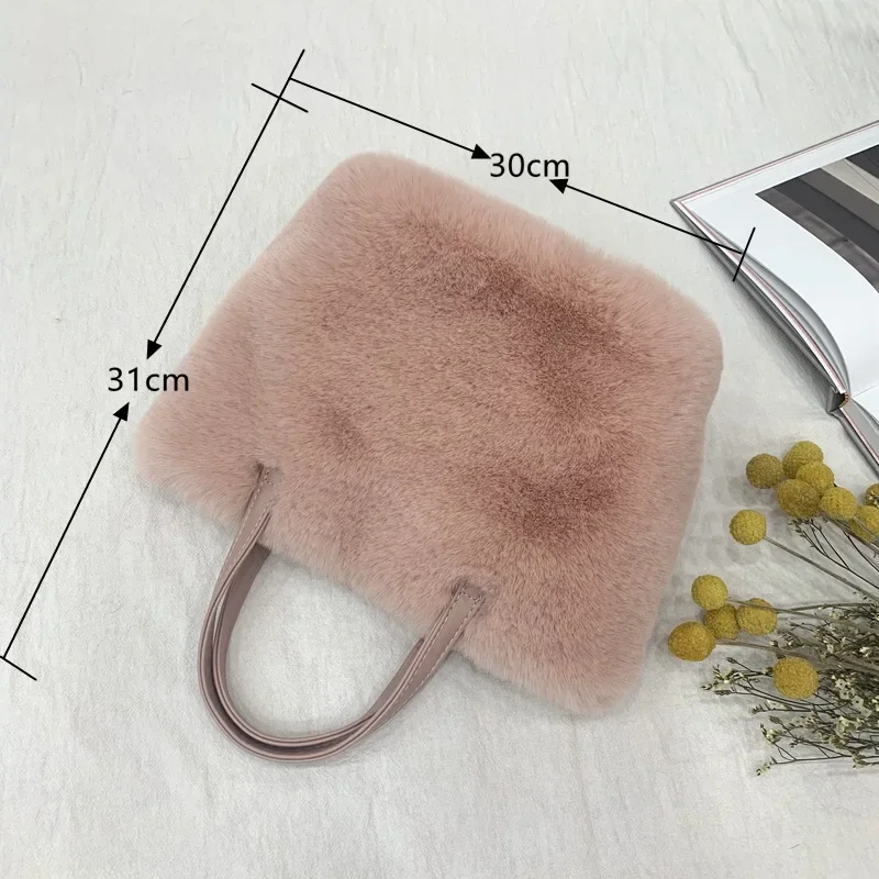 Faux Fur Bags for Women Luxury Designer Ladies Furry Handbags Winter Plush Female Shoulder Bag Small Tote Bag Clutch Solid Color