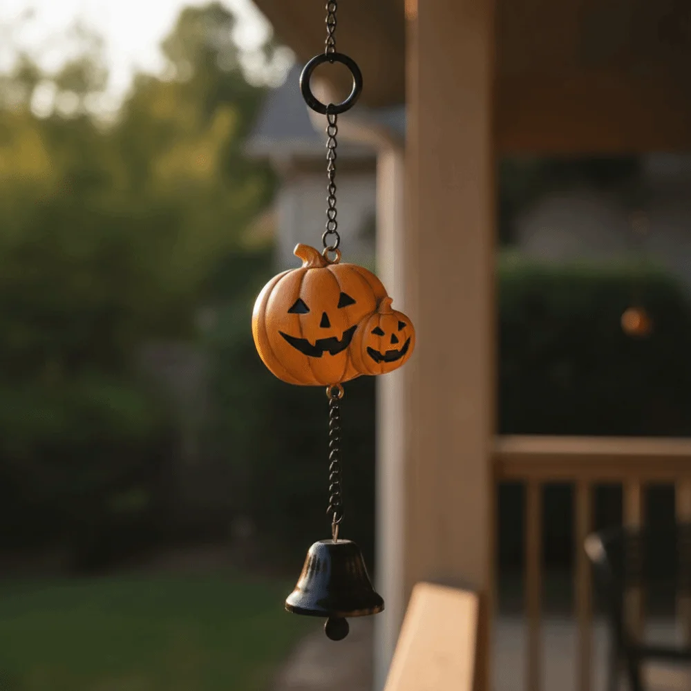 Weather Resistant Halloween Wind Chime Hand Painted Crisp Sound Pumpkin Ghost Pendant Whimsical Exquisite Details