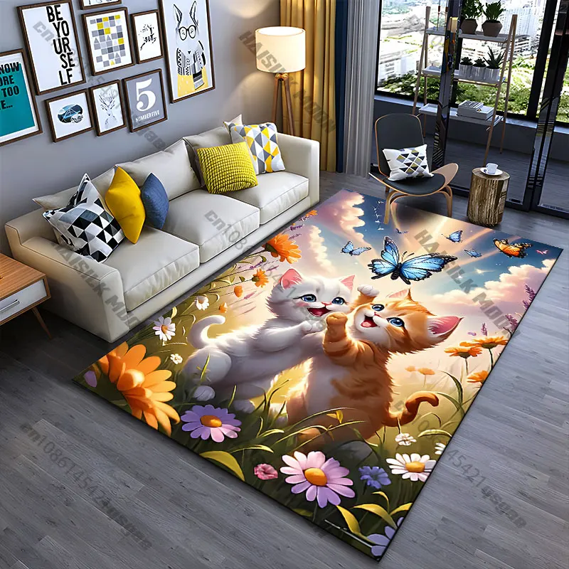 Playful kittens chasing butterflies carpet Yoga living room room decor children's crawling mat doormat area rug games mat