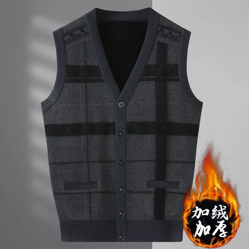 

Middle-aged and Elderly Men's Vest Winter Velvet Thickened Vest Knitted Cardigan Vest Sweater Waistcoat
