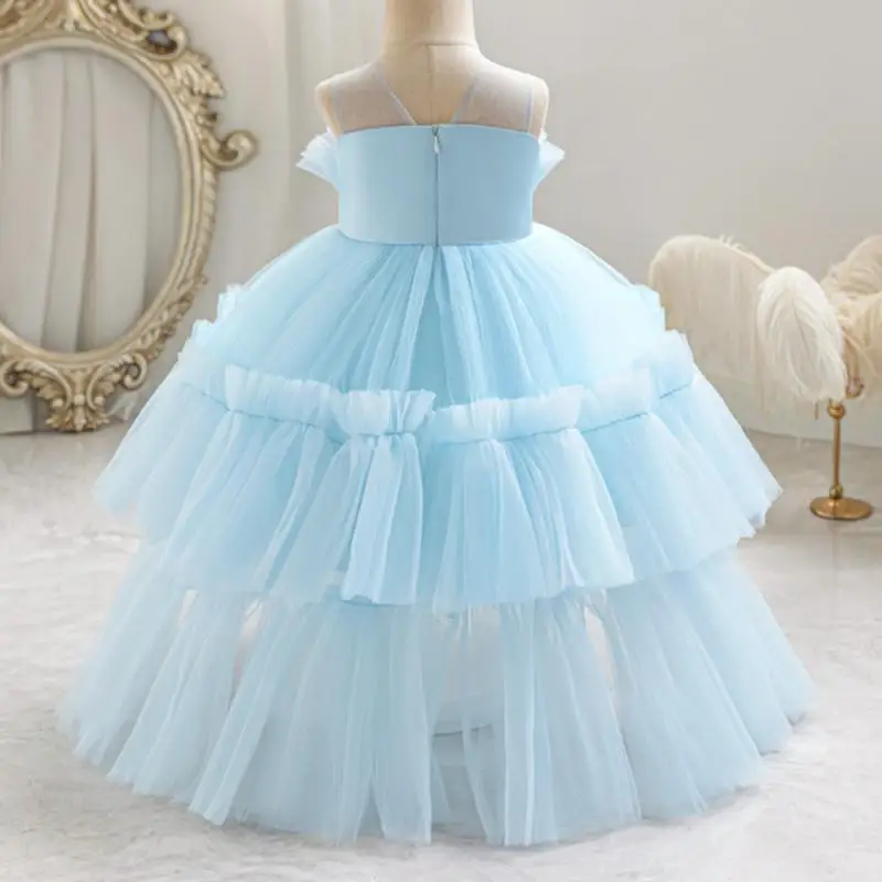 Little Girl Summer New Solid Color Sweet and Cute Mesh Tail Fluffy Dress Wedding Flower Girl Fashion Evening Dress