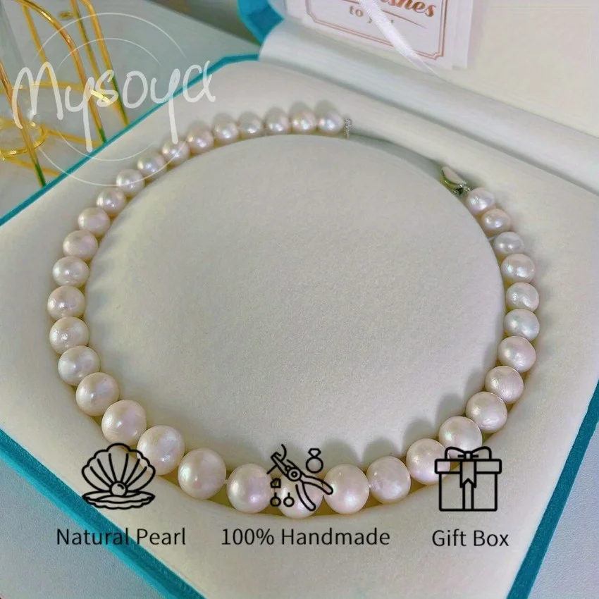 

MYSOYA 10-11mm Natural White Elegant Freshwater Round Pearl Necklace Luxury With Gift Box Unisex Jewelry Wedding Birthday Gift
