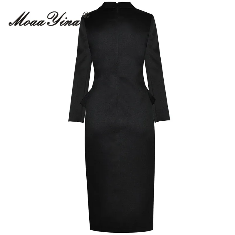 MoaaYina Autumn Fashion Designer Black Vintage Spliced Dress Women Lapel Button High Waist Package Buttocks Slim Long Suit Dress