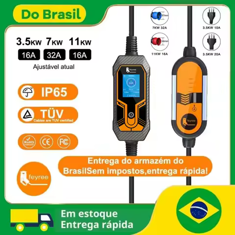 Feyree 32A 7KW Type2 EV Carregador Portátil 11KW 16A 3 Fase 5M Cabo EVSE Caixa de Carregamento Carregador de Carro Plugue CEE para Veículo Elétrico