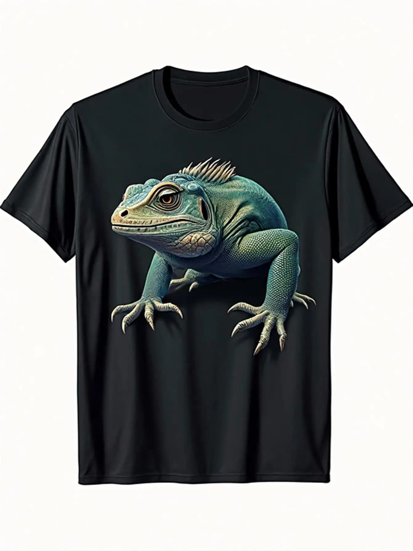 

Men's Black T-Shirt with Realistic Lizard Design, Featuring Green-Blue Scales, Soft and Breathable Crew Neck T-Shirt Suitable for Everyday Wear and Halloween Costumes, Gift for Reptile Enthusiasts, All-Season Casual Top Suitable for Themed Parties and Lei