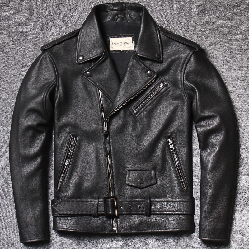 

Новая мужская кожаная куртка-косуха из натуральной кожи на осень-зиму с откидным воротником и молнией, из телячьей кожи