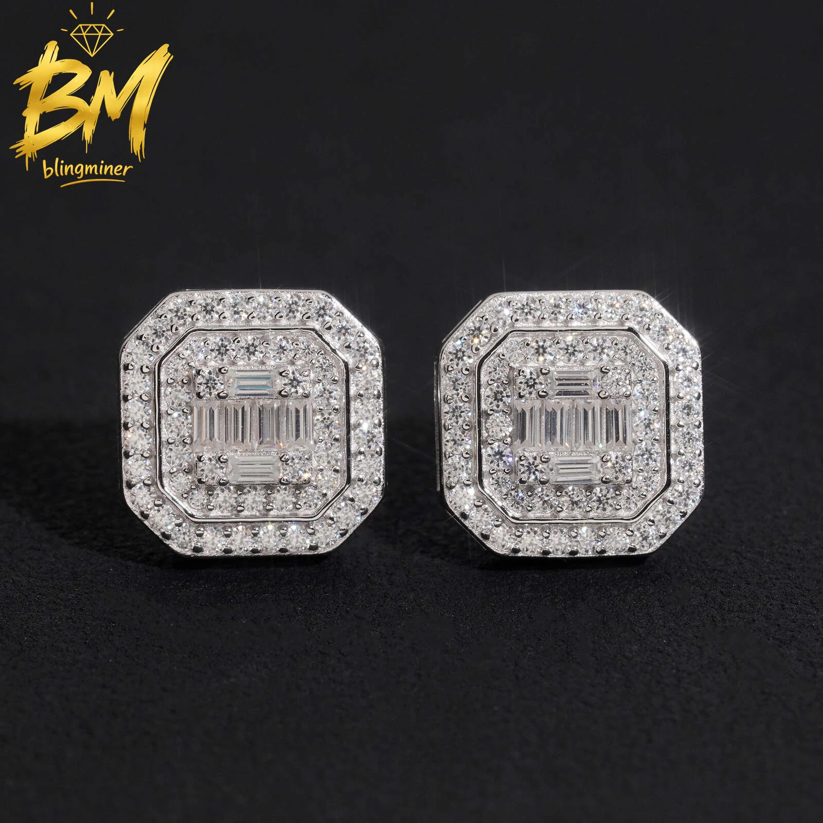 Blingminer New 12mm Hip Hop VVS Moissanite Earrings For Men Women S925 Silver Ear Studs Jewelry Pass Diamonds Tester Free Shippi