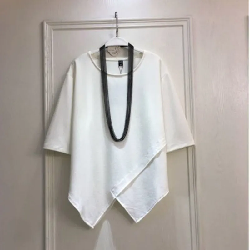 

2024 Summer New Solid Color Asymmetrical T-Shirts Women Round Neck Half Sleeve Loose Casual Pullovers Korean Style All-match Top