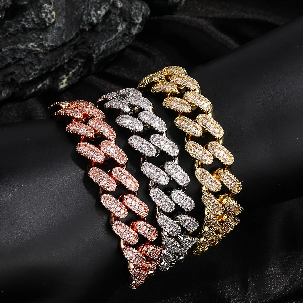 

Iced Out Baguettecz Zirconia 15mm Cuban Link Bracelets for Women Men 7 inch 8 inch Silver Rose Gold Bangle Hip Hop Jewelry Gifts