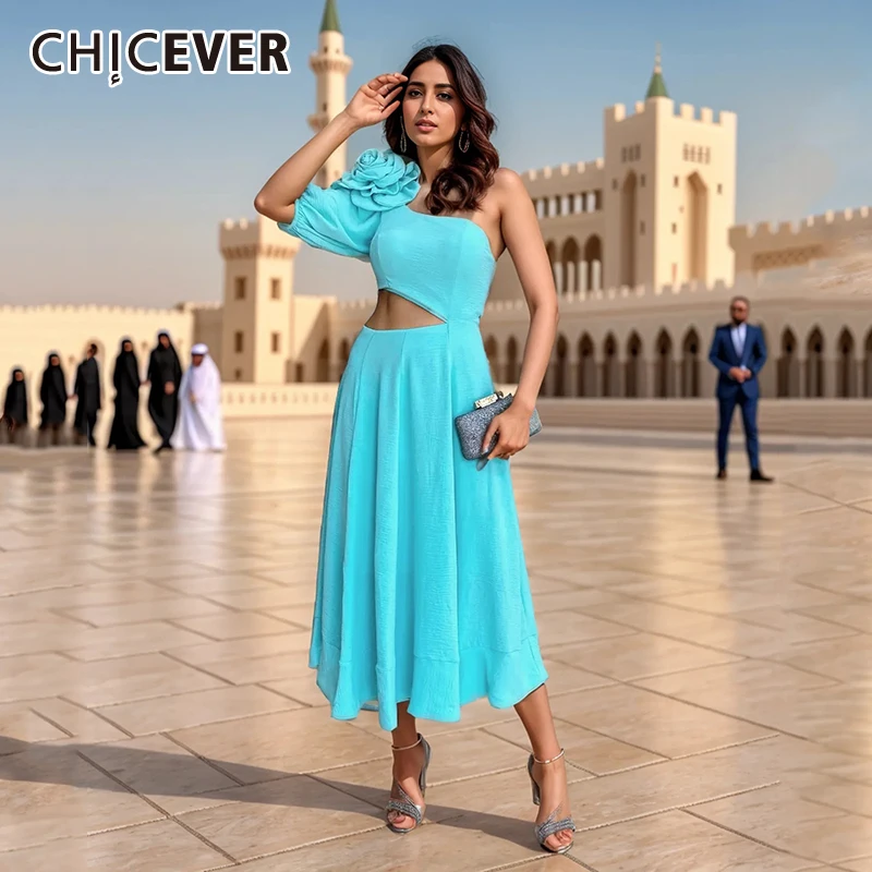 CHICEVER Spliced Appliques Asymmertrical Dress For Women Diagonal Collar Off One Shoulder Cutout High Waist Long Dresses Female