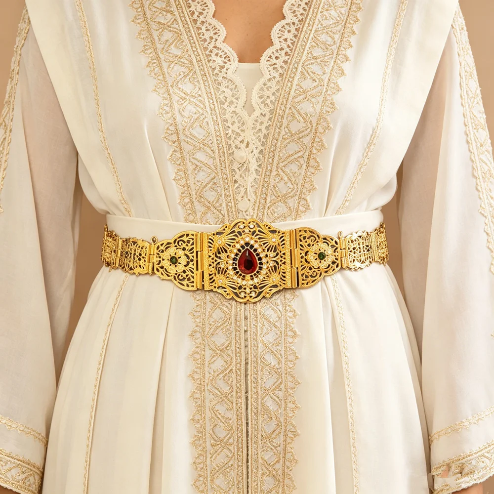 Arabian Women Gold Waist Belt Intricate Hollow Filigree Colored Gem Waistband For Banquet Holiday Party Outfit