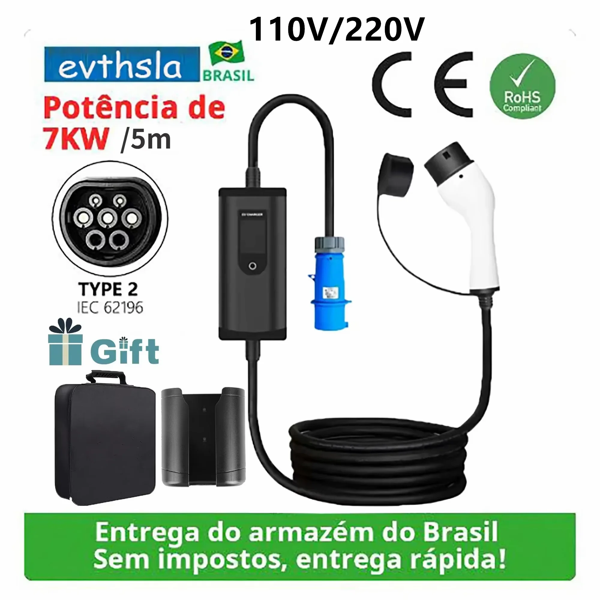 

evthsla 32A 7KW Type2 EV Portable Charger 1 Phase 5M Cable EVSE Charging Box Car Charger CEE Plug for Electric Vehicle