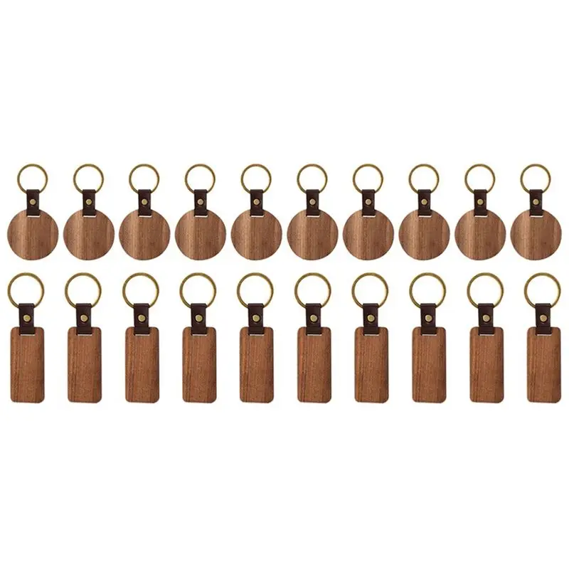 *Great Wooden Keychain Wood Laser-Engraving Blanks Keychain Leather Strap Keychain Unfinished Rectangle Round Wood Keyring