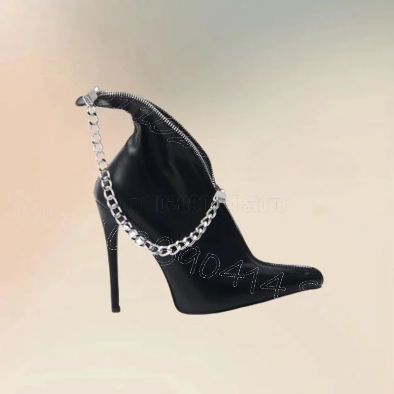 

Metal Chain Zipper Black Pointed Toe Ankle Boots Front Zipper Women Shoes Thin High Heels Party Banquet 2025 Zapatos Para Mujere