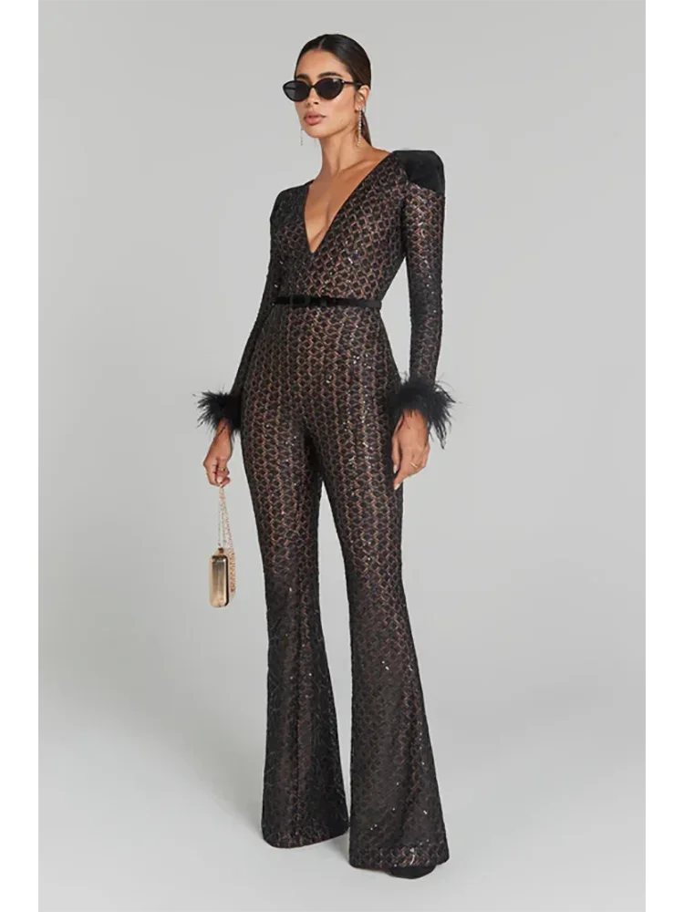 

Sexy V Neck Long Sleeve Feathers Lace Jumpsuit Women Black Sequins With Belt Flare Jumpsuit Elegant Evening Party Jumpsuit