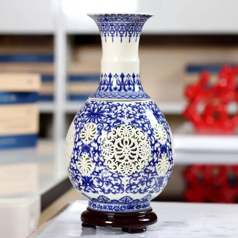 

11.42 inch/ Exquisite Chinese Classical Handmade Blue and White Porcelain Hollow-out Double Tiers Vase