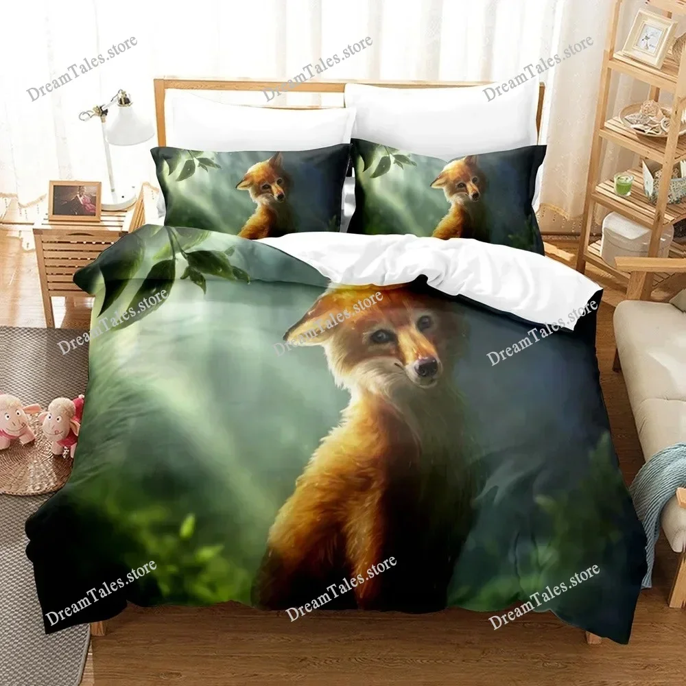 Cartoon Fox Bedding Set Cute Fox with Flower Feather Headband Duvet Cover Twin Full Queen King Polyester Duvet Cover Girls Boys7