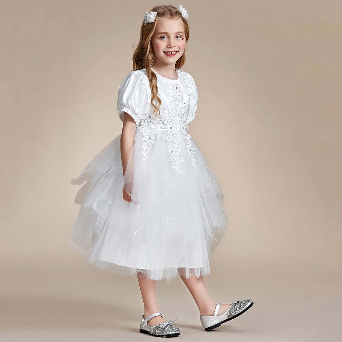 YZYmanualroom Lovely Lace Bubble Sleeve Princess Dress Flower Girl Dress 2-15T