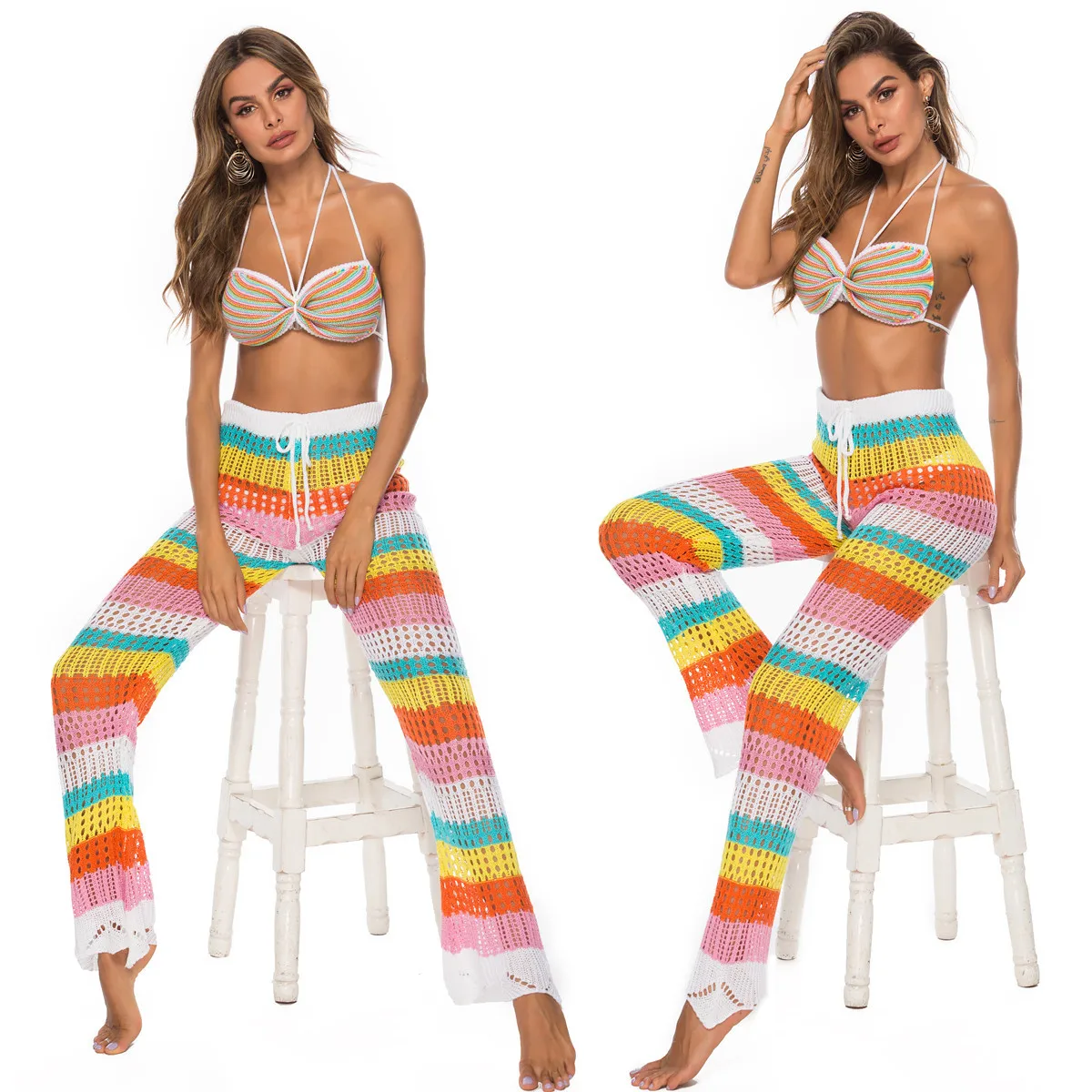 Rainbow Colors Knitted Baggy Pants Women Beach Knit Hollow Out Pants See-through Wide-legged Pants Sexy Festive Vacation Trouser